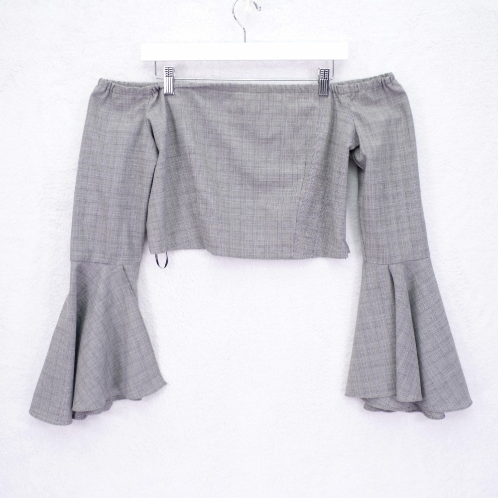 Forever 21 Gray Glen Plaid Off The Shoulder Flutter Sleeve Crop Top 0X Polyester